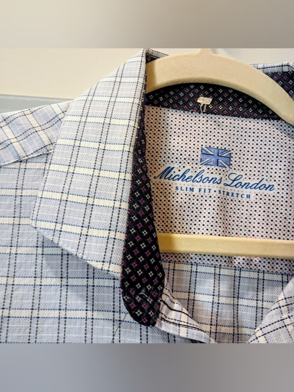 Michelson london Light Blue Check Men’s ButtonDown Shirt Slim Fit Large 98%cotto